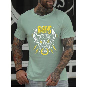 

Cow Head and Letter Print T Shirt Cotton Round Neck Casual Tee, Light green