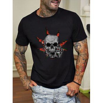 

Skull Print T Shirt Cotton Short Sleeve Streetwear Tee, Black