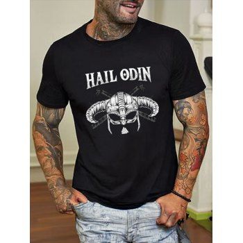 

Horns and Letter Print T Shirt Cotton Round Neck Casual Tee, Black