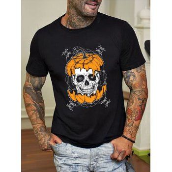 

Skull and Pumpkin Print Halloween T Shirt Cotton Round Neck Casual Tee, White