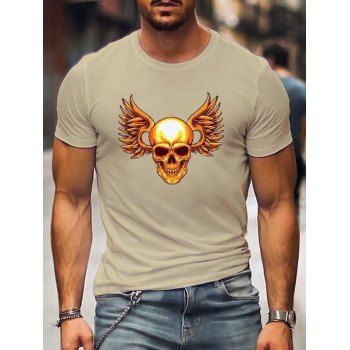 

Skull and Wing Print Halloween T Shirt Cotton Round Neck Casual Tee, Light coffee