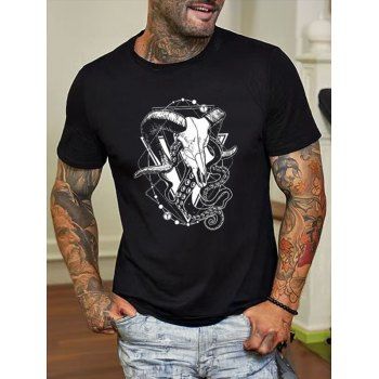 

Horns Print T Shirt Cotton Round Neck Casual Tee, Black