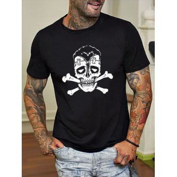 

Skull Print Halloween T Shirt Cotton Round Neck Streetwear Tee, Black