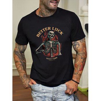

Skeleton and Slogan Print T Shirt Cotton Round Neck Streetwear Tee, Black
