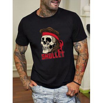 

Letter and Skull Print T Shirt Cotton Short Sleeve Casual Tee, Black