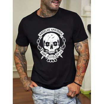 

Skull Graphic Print T Shirt Cotton Round Neck Casual Tee, Black