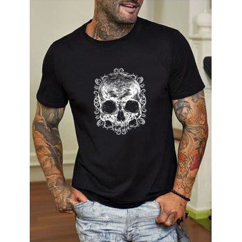 

Skull Print Halloween T Shirt Cotton Round Collar Streetwear Tee, Black