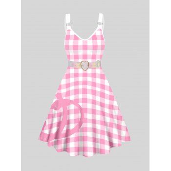 

Plaid and Belt Print Dress V Neck Sleeveless Casual Midi Dress, Light pink