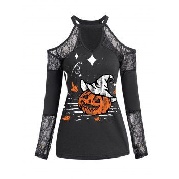 

Halloween Pumpkin Print Lace Panel Top Cold Shoulder Keyhole Neck Top, Black