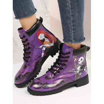 

Halloween Funny Skeleton Pumpkin Print Lace Up Lug Sole Boots, Purple