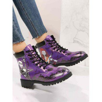 Halloween Funny Skeleton Pumpkin Print Lace Up Lug Sole Boots