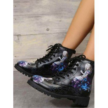 

Flower Lady Figure Print Lace Up Vintage Lug Sole Boots, Black