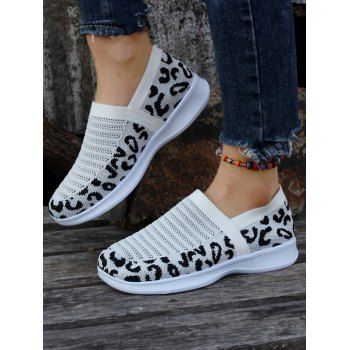 

Colorblock Leopard Print Knit Detail Breathable Slip On Shoes, White