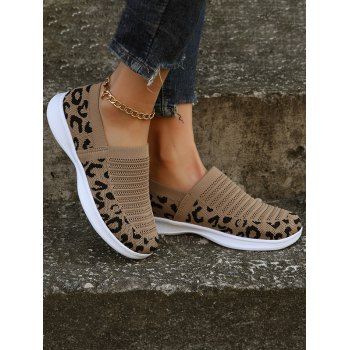 

Colorblock Leopard Print Knit Detail Breathable Slip On Shoes, Dark khaki