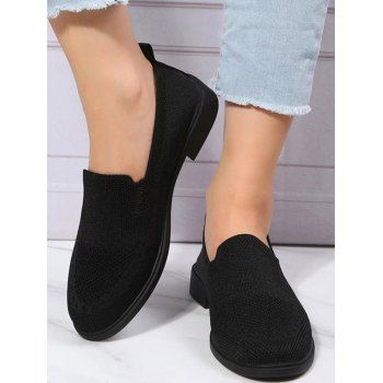 

Plain Color Breathable Knit Detail Slip On Casual Flat Shoes, Black