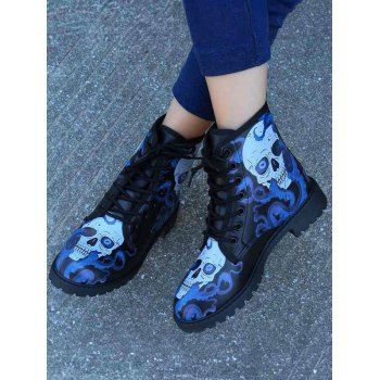 

Skull Print Round Toe Lace Up Halloween Boots, Blue