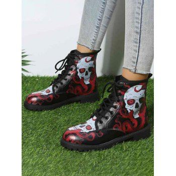 

Skull Print Round Toe Lace Up Halloween Boots, Red