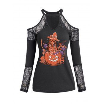 

Halloween Pumpkin and Witch Print Top Lace Panel Keyhole Neck Top, Black