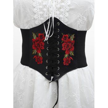 

Flower Embroidery Lace Up Vintage Wide Waist Belt, Black