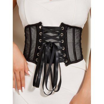 

Lace Up Mesh Boned Wide Waist Belt, Black