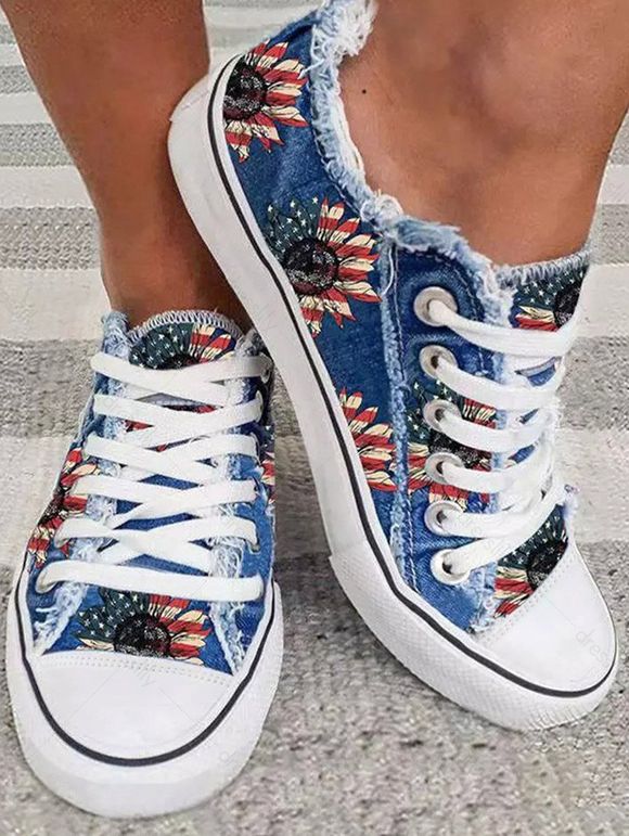 Sunflower Print Raw Hem Lace Up Canvas Shoes - Bleu Foncé Toile de Jean EU 43