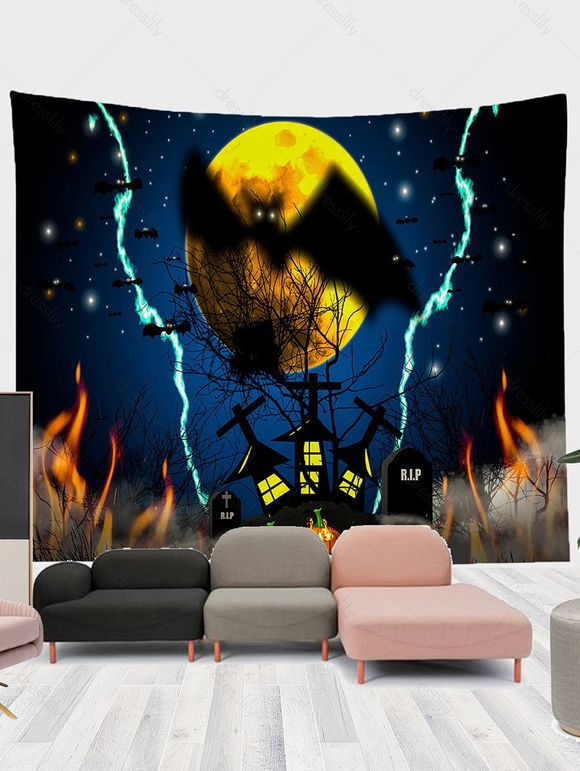 Tapisserie Murale à Imprimé Chauve-Souris dans la Nuit de Pleine Lune pour Halloween - multicolor A 