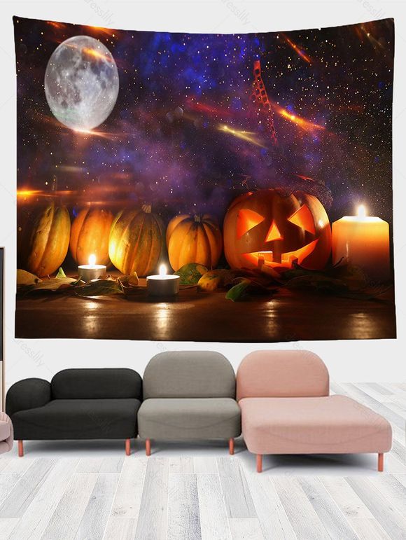 Tapisserie Murale à Imprimé Lune Citrouille et Galaxie pour Halloween - multicolor A 