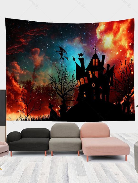 Tapisserie Murale à Imprimé Château et Galaxie pour Halloween - multicolor A 