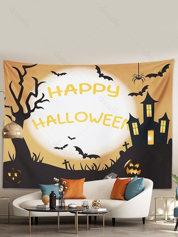 Tapisserie Murale à Imprimé Château et Chauve-Souris pour Halloween - multicolor B 150*100CM