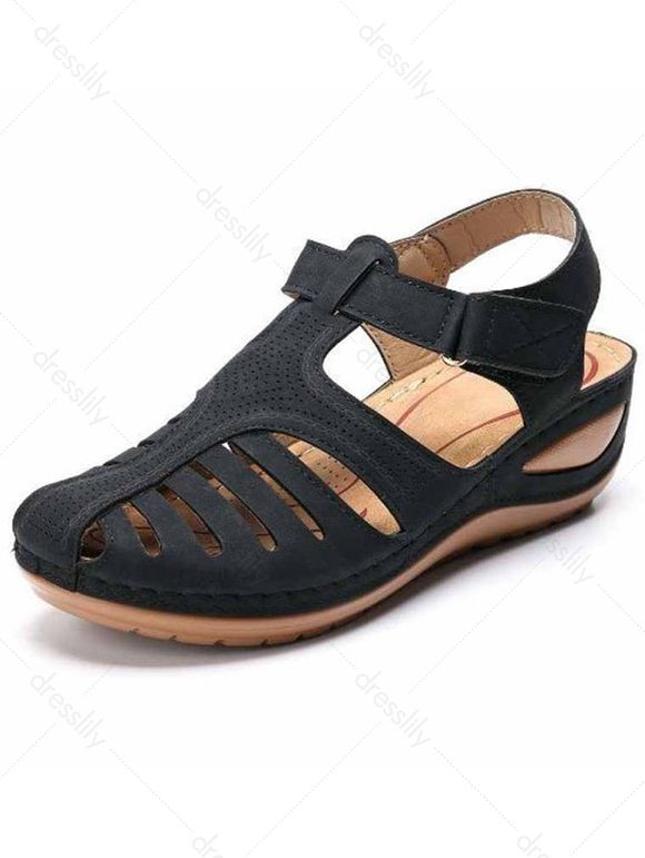 Cut Out Velcro Flat Wedge Sandals - Noir EU 39