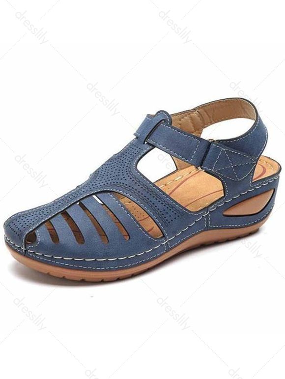 Cut Out Velcro Flat Wedge Sandals - Bleu profond EU 36