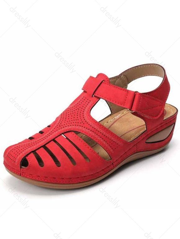 Cut Out Velcro Flat Wedge Sandals - Rouge EU 36