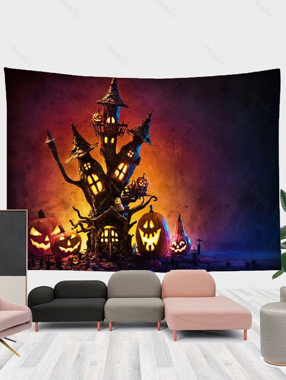 Tapisserie Murale à Imprimé Citrouilles et Château Amusant pour Halloween - multicolor A 