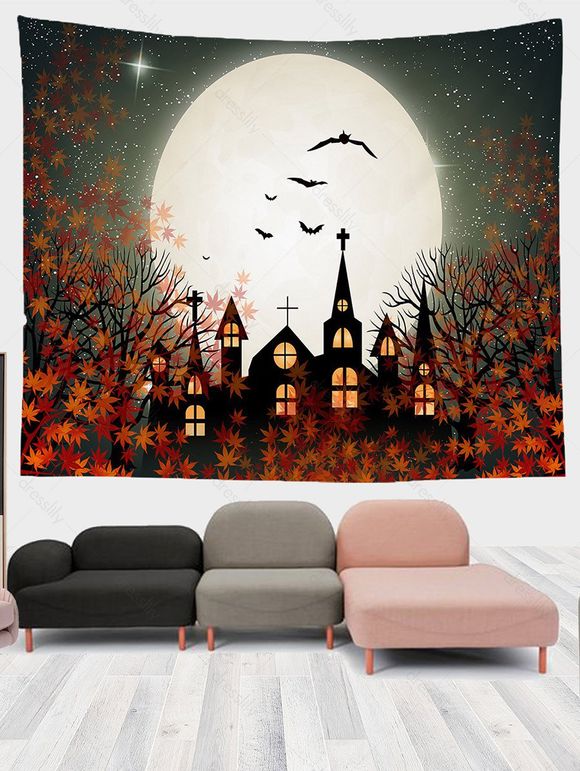 Tapisserie Murale à Imprimé Maison et Feuilles d'Érables pour Halloween - multicolor A 