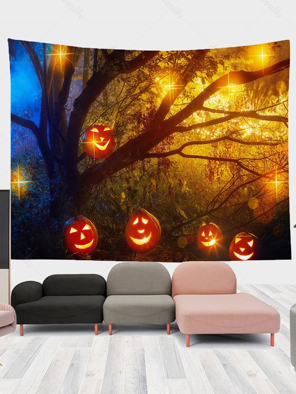 Tapisserie Murale à Imprimé Citrouilles Lanternes et Arbre Mort pour Halloween - multicolor A 