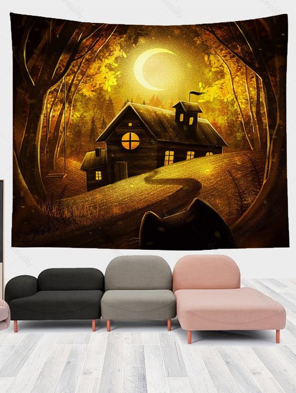 Tapisserie Murale à Imprimé Cabane Lune dans la Forêt - multicolor A 