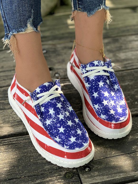 Striped Star and American Flag Print Lace Up Casual Shoes - Rouge EU 40