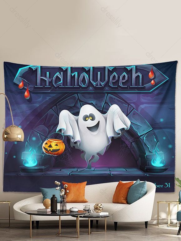 Tapisserie D'Halloween à Imprimé Fantôme et Citrouille - multicolor B 150*100CM