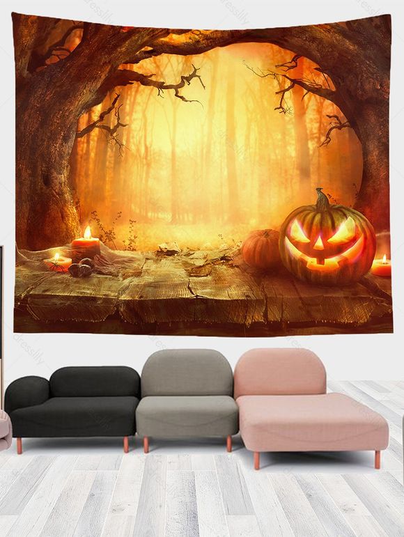 Tapisserie Murale à Imprimé Citrouilles dans la Forêt pour Halloween - multicolor A 100CM * 75CM