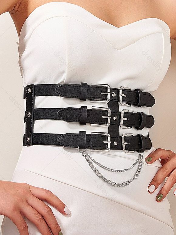 Ceinture Superposée à Double Boucle Décorée de Rivet Chaîne - Noir 1PC