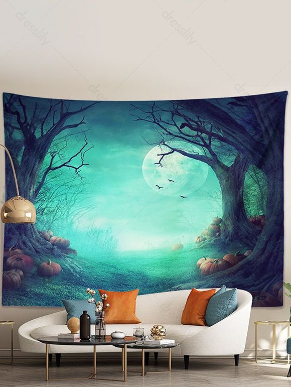 Tapisserie Murale à Imprimé Citrouilles et Forêt pour Halloween - multicolor A 