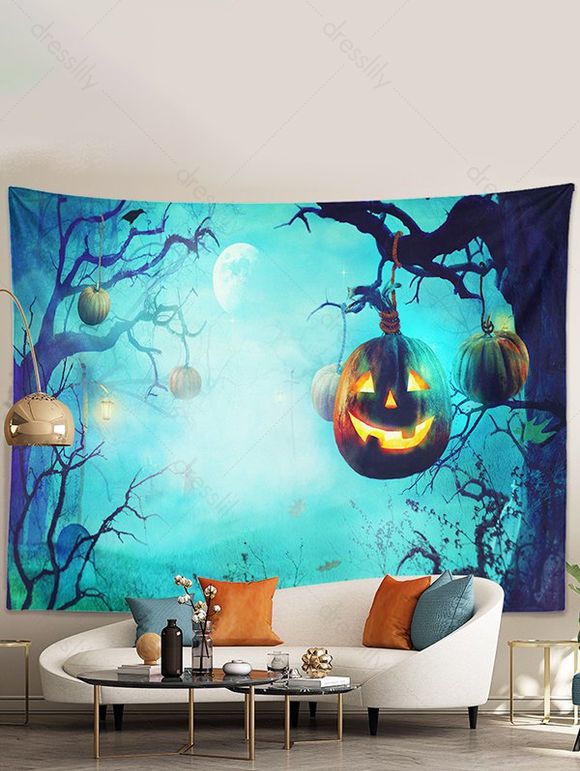 Tapisserie Murale à Imprimé Citrouilles et Forêt pour Halloween - multicolor A 150*100CM