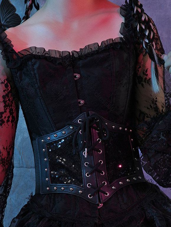 Ceinture Large Décoré de Rivet à Lacets et Paillettes - Noir 1PC