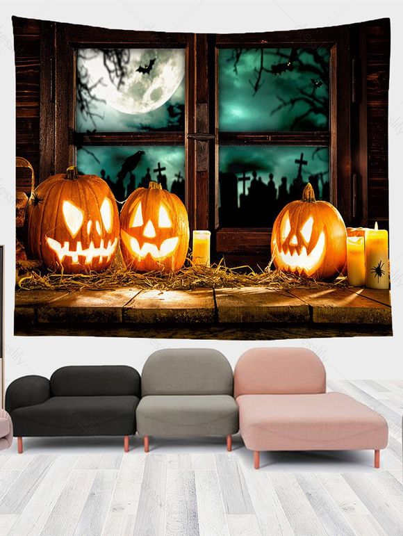 Tapisserie Murale Pendante à Imprimé 3D Citrouille Halloween - multicolor A 