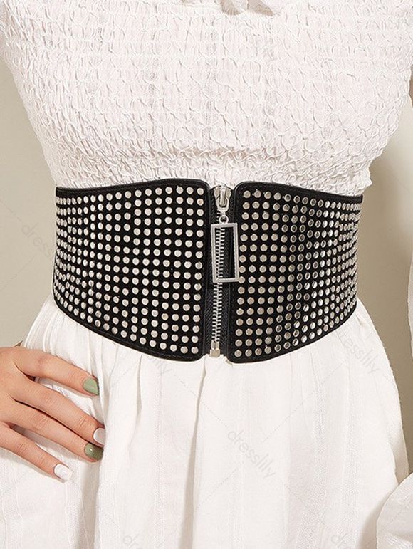 Ceinture Large Zippée Décorée de Rivet - Noir 1PC