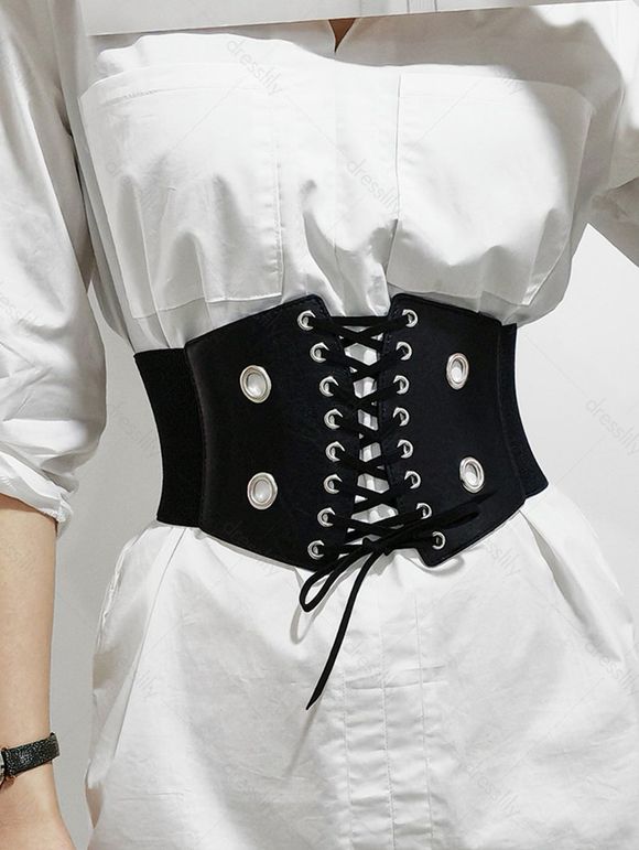 Ceinture Vintage Bouclée à Taille Large à Lacets avec Œillet - Noir 1PC