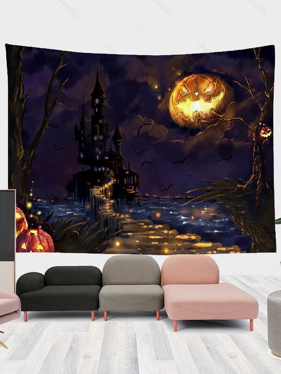 Tapisserie Murale à Imprimé Citrouilles et Château Amusant pour Halloween - multicolor A 