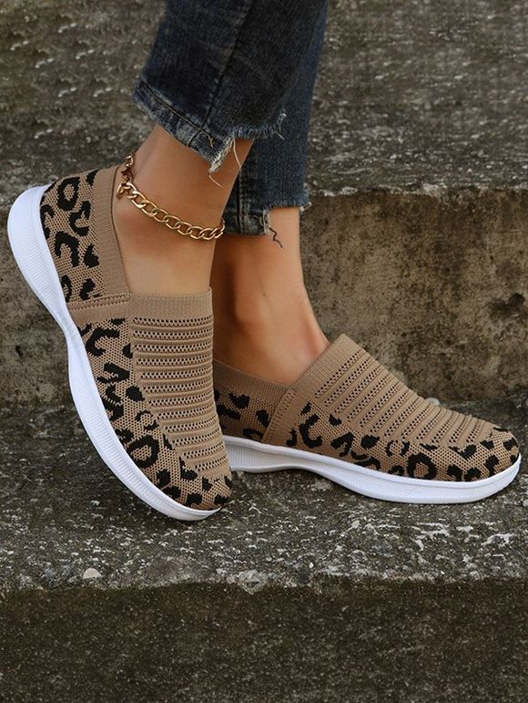 Colorblock Leopard Print Knit Detail Breathable Slip On Shoes - Kaki Foncé EU 42