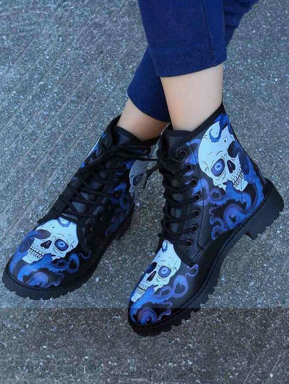Skull Print Round Toe Lace Up Halloween Boots - Bleu EU 38