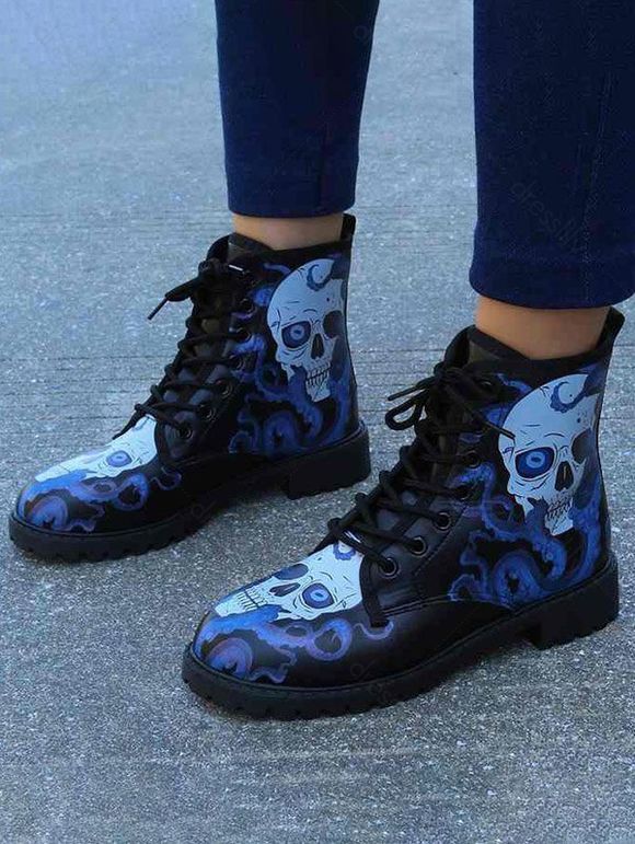 Skull Print Round Toe Lace Up Halloween Boots - Bleu EU 40